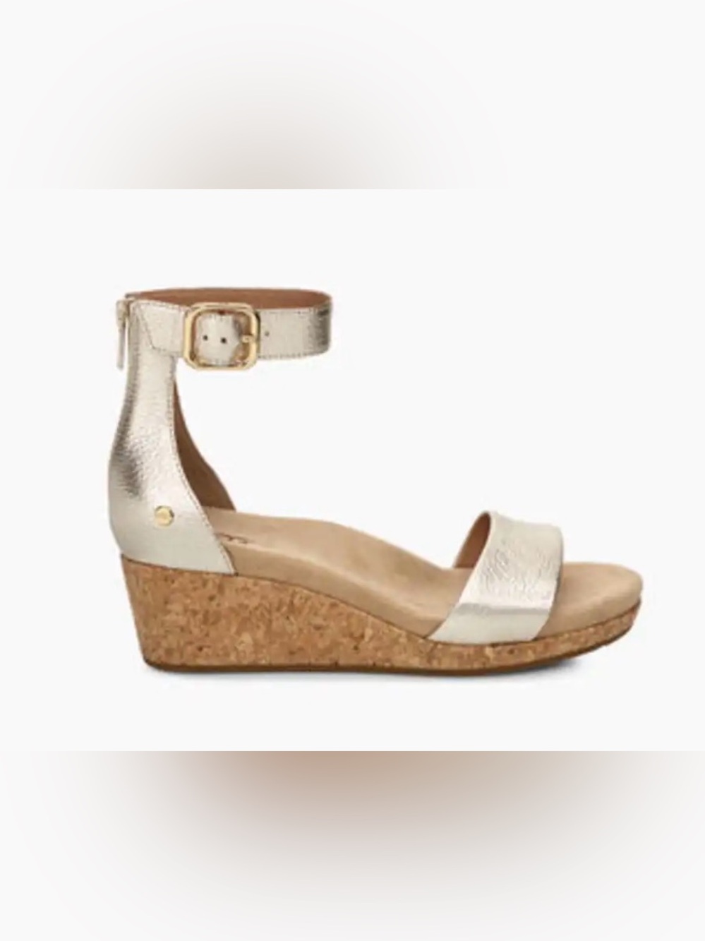 NWOT UGG Women's Zoe II Metallic Leather Cork Wedge Ankle Strap Sandals Size 10